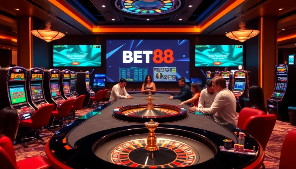 Experience the thrill of BET88 at an elegant casino table with vibrant gaming elements.