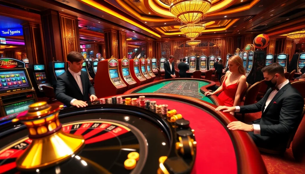 Capture the excitement of a vibrant casino scene centered around https://c168.delivery/ with elegant roulette and poker action.