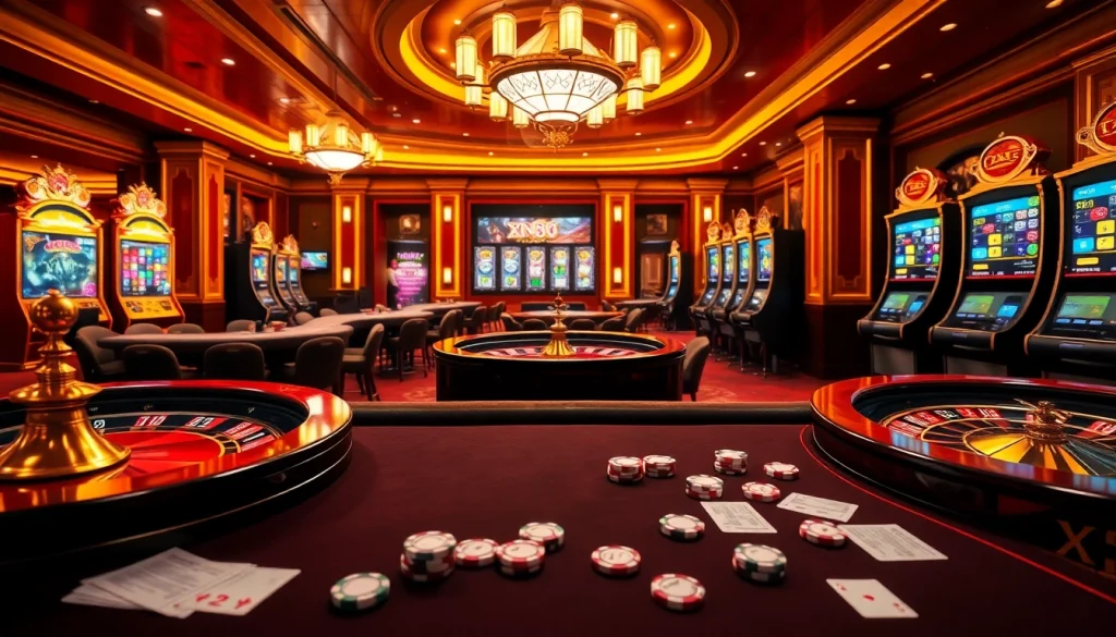 Engaging xn88 online casino scene with vibrant tables and slot machines.