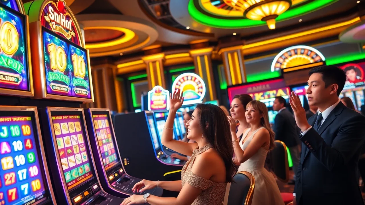 Engaged players experiencing nổ hũ at vibrant casino slot machines.