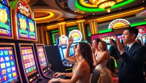 Engaged players experiencing nổ hũ at vibrant casino slot machines.