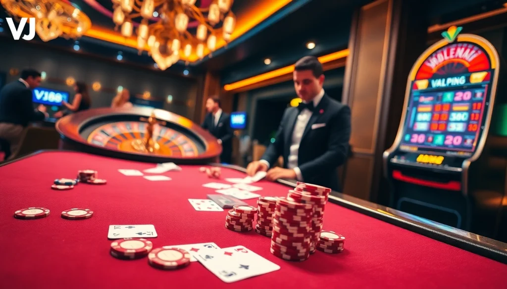 Experience exhilarating gameplay at VJ88 with vibrant poker chips and cards on a luxurious casino table.