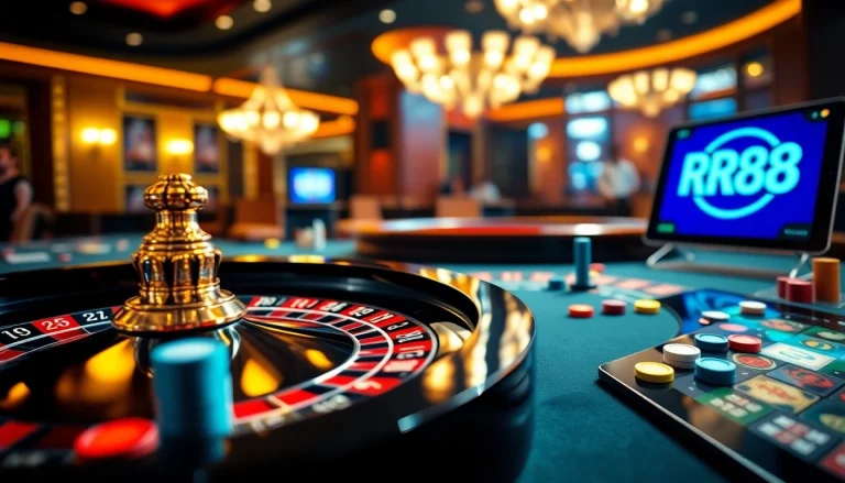 Engage with RR88's thrilling casino action featuring a roulette table and vibrant betting chips.