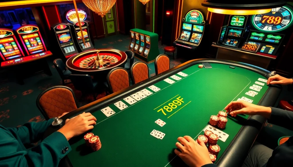 A dynamic Texas Hold'em poker scene at 789f casino, showcasing players and vibrant chips.
