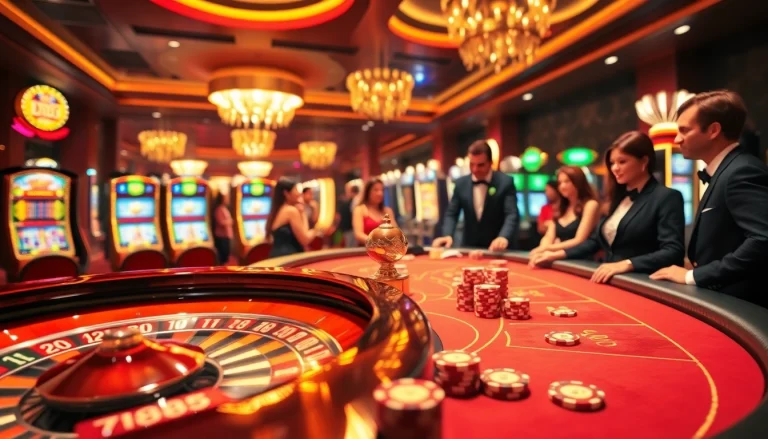 Experience high-energy gaming at u888 casino with players enjoying poker and roulette amidst luxurious decor.