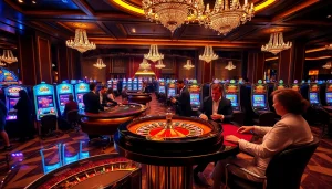 B52-themed casino scene with vibrant roulette wheel and poker players in an elegant environment.