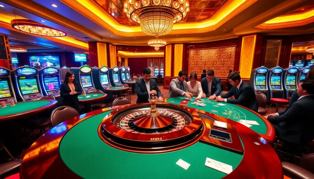 Players enjoying a thrilling casino experience at Jun88 with roulette, poker, and vibrant slot machines.