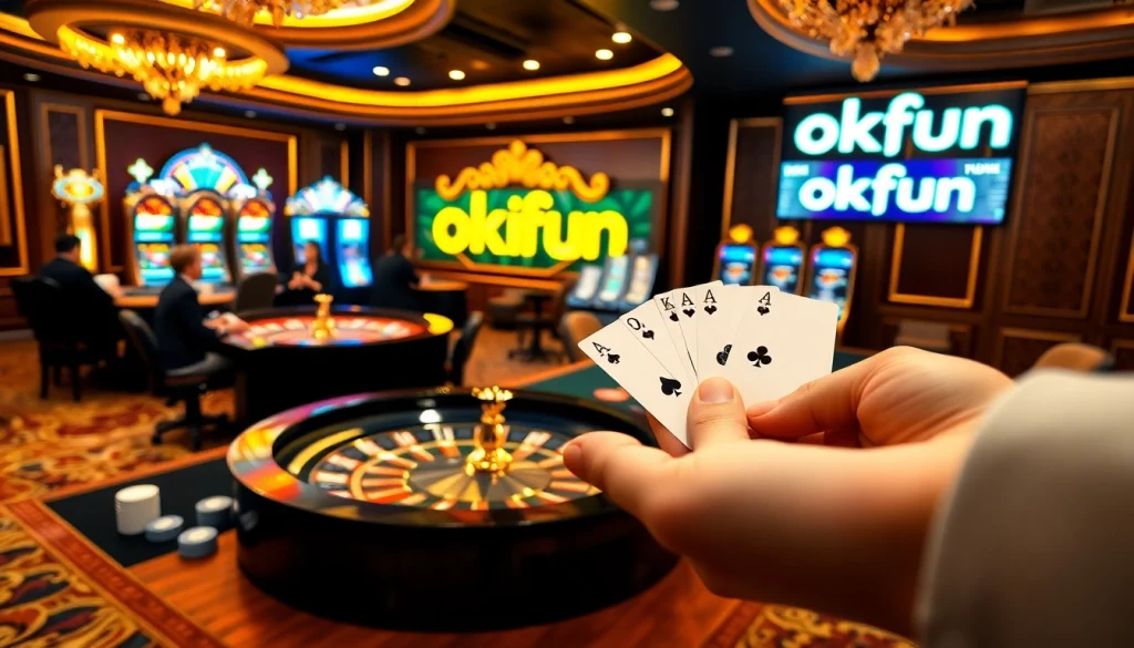 Experience an exciting moment at the okfun casino featuring poker chips, roulette, and players.