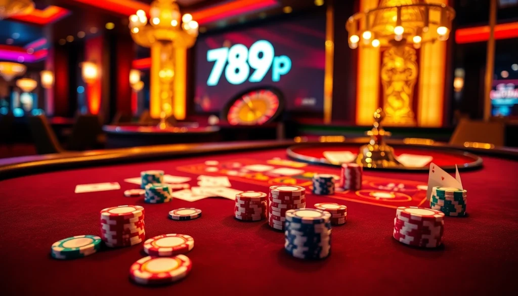 Experience the thrill of gambling at a luxurious 789p casino table with poker chips and cards.