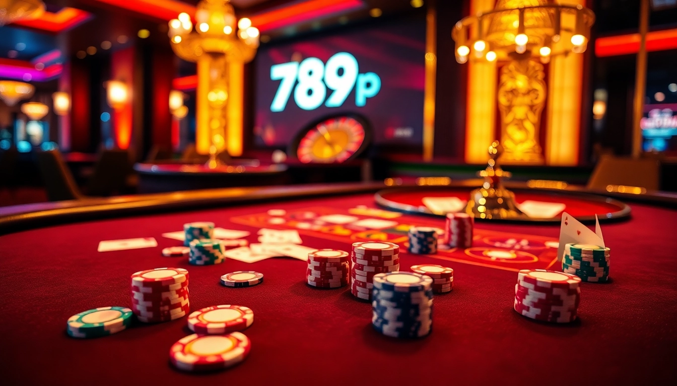Experience the thrill of gambling at a luxurious 789p casino table with poker chips and cards.