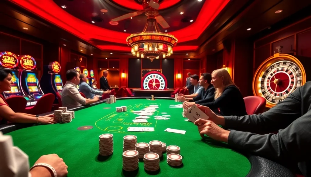 Players enjoy thrilling poker action at EV88 net casino, showcasing excitement and vibrant colors.