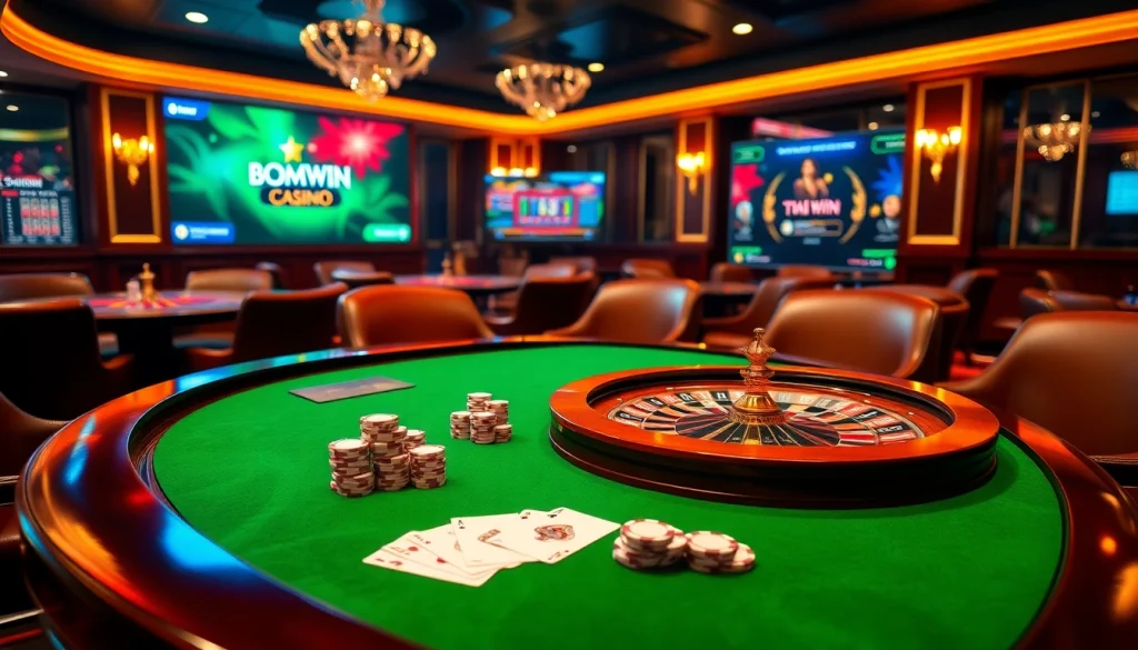 Experience the thrill of Tải Bomwin with an elegant casino setup featuring roulette and poker gaming elements.
