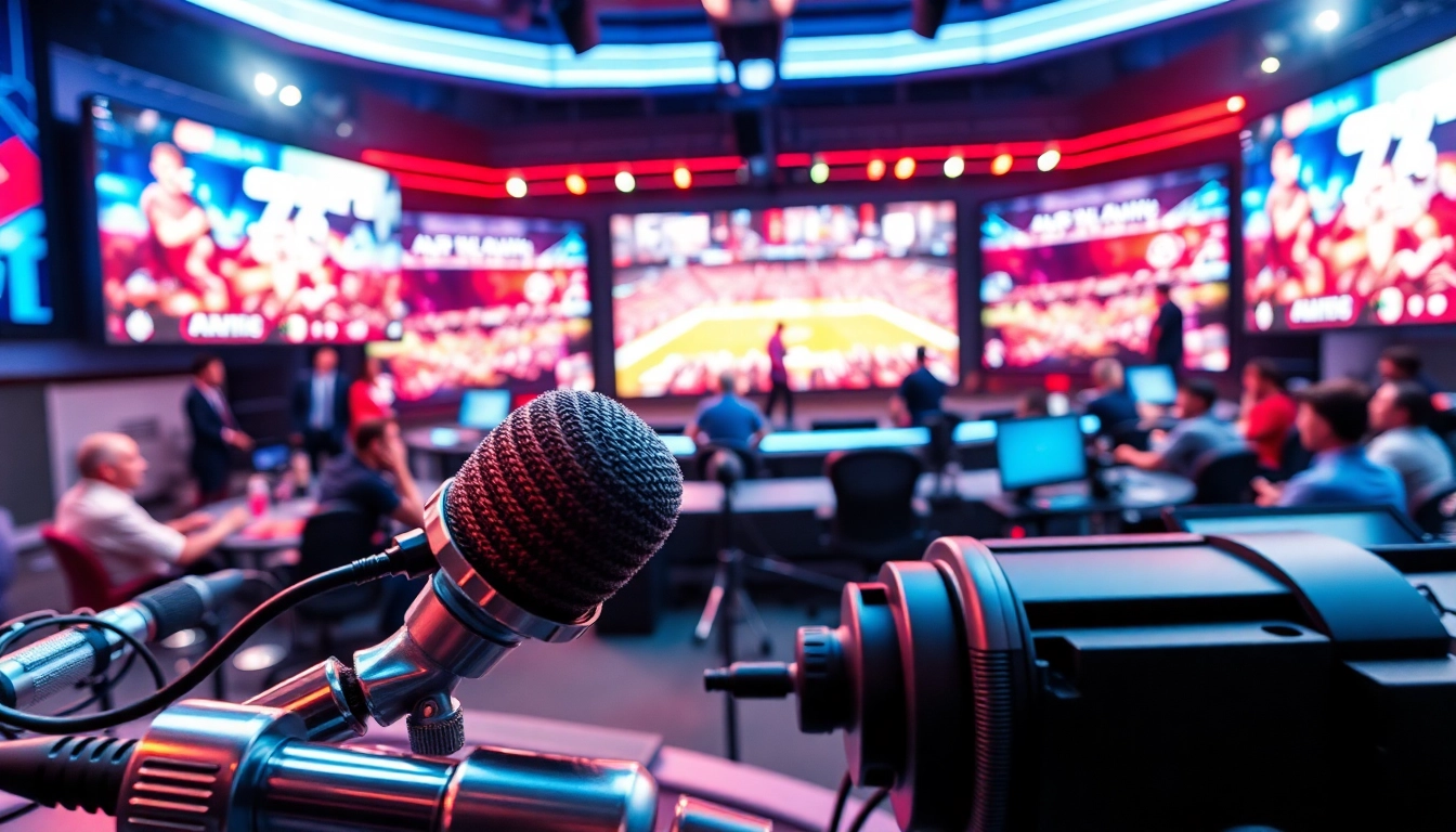 Engaging sports broadcasting studio scene featuring a host delivering sports news live.