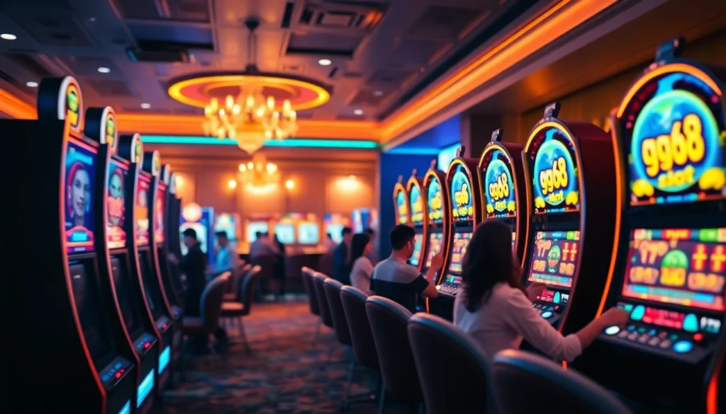 Engaging scene of players enjoying gg88 slot machines in a vibrant online casino atmosphere.