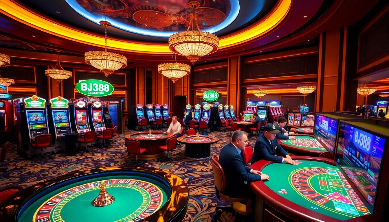 Casino scene featuring BJ388 with players enjoying high-stakes games like poker and roulette.