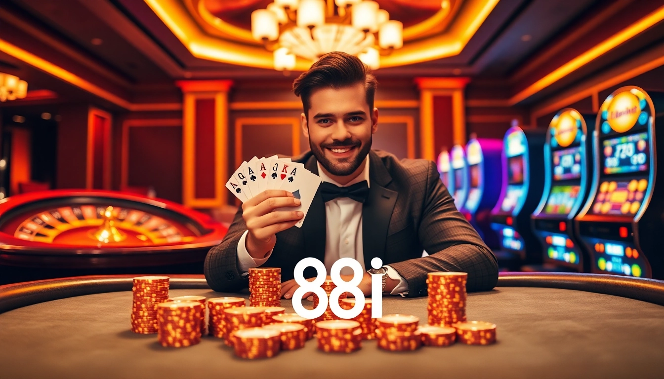 Experience the thrill of winning at the 88i poker table with vibrant chips and a roulette wheel.