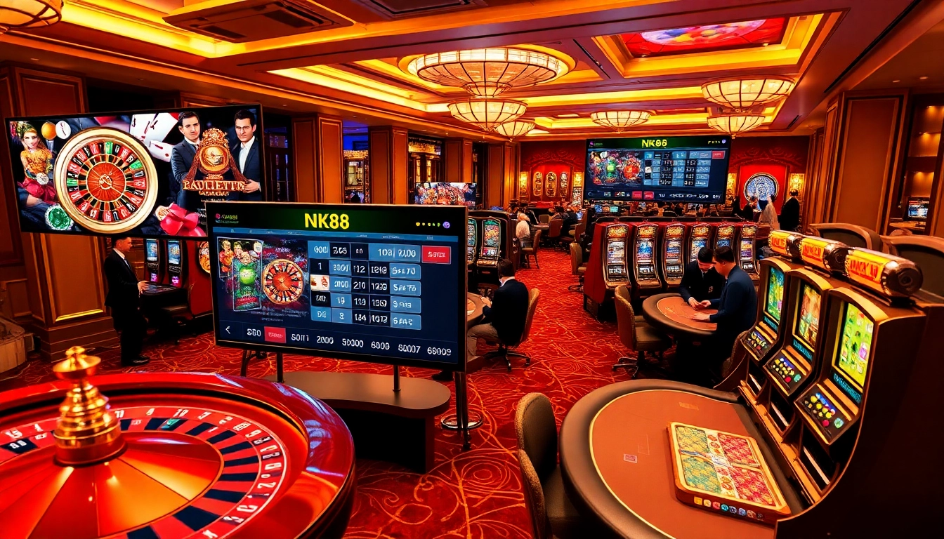 Engaging players on NK88's online casino platform, highlighting vibrant games and luxurious atmosphere.
