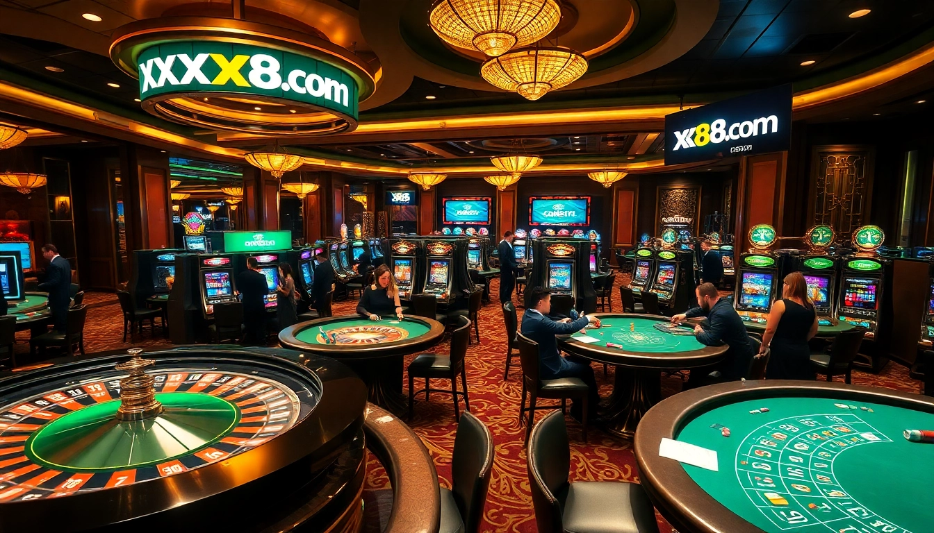 Experience the excitement of high-stakes gaming at xx88 com casino, featuring vibrant gaming tables and slot machines.