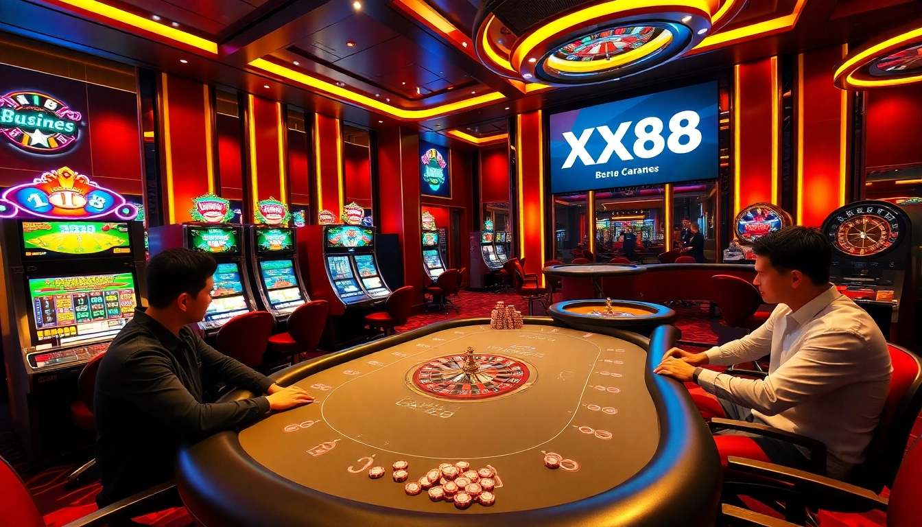 Casino scene with players enjoying games at XX88, poker tables and slot machines glowing.