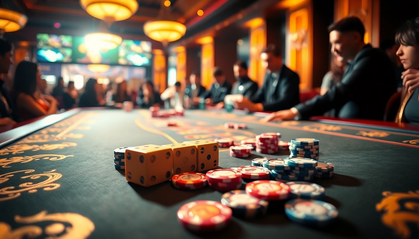 Excitement at a game tài xỉu table with colorful chips and engaged players in a luxurious casino.