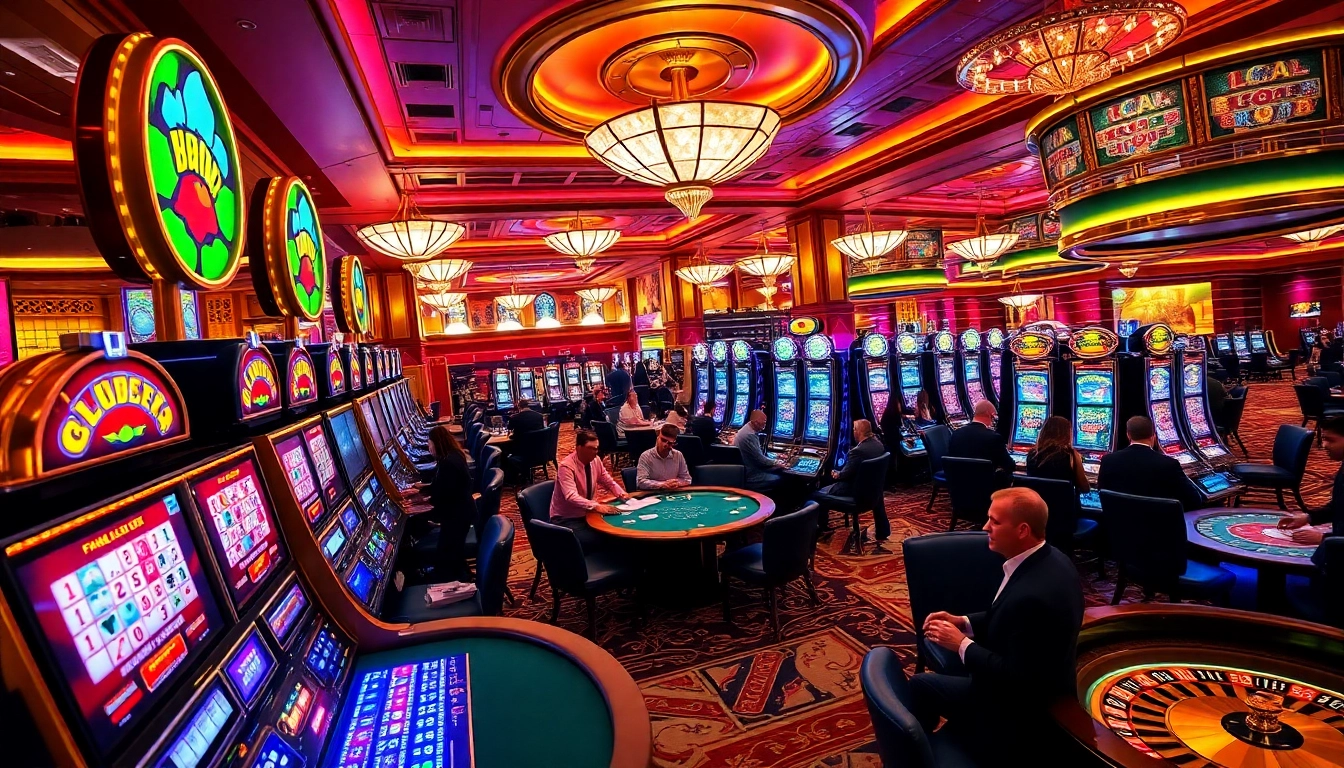 L567 casino scene showcasing vibrant slot machines and excited gamblers enjoying games.