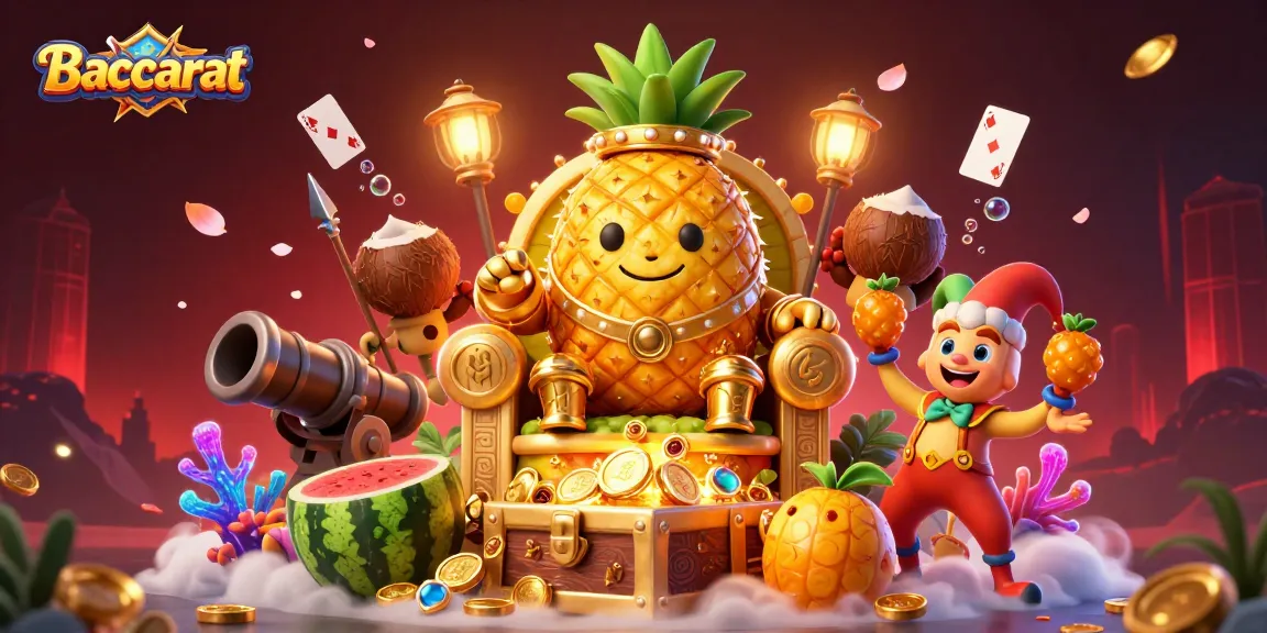 Baccarat action scene with a golden pineapple king, beach casino elements, and lively treasures.
