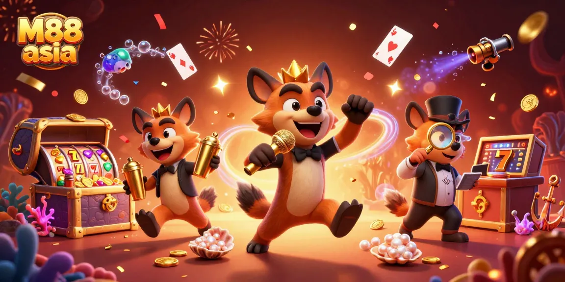 Join the excitement of M88 asia with a vibrant casino cartoon featuring hyenas in action.