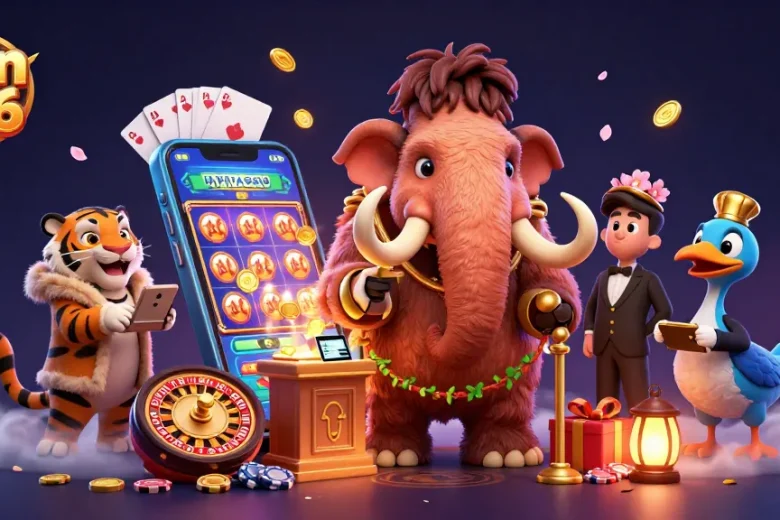 Engaging illustration of Win 786's vibrant casino bouncer, featuring dynamic game elements and lively characters.