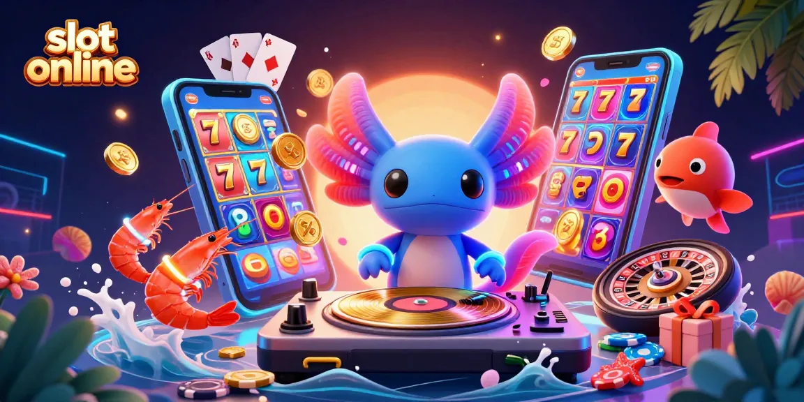 Putar slot online dengan axolotl DJ neon yang energik dan karakter laut penuh warna.