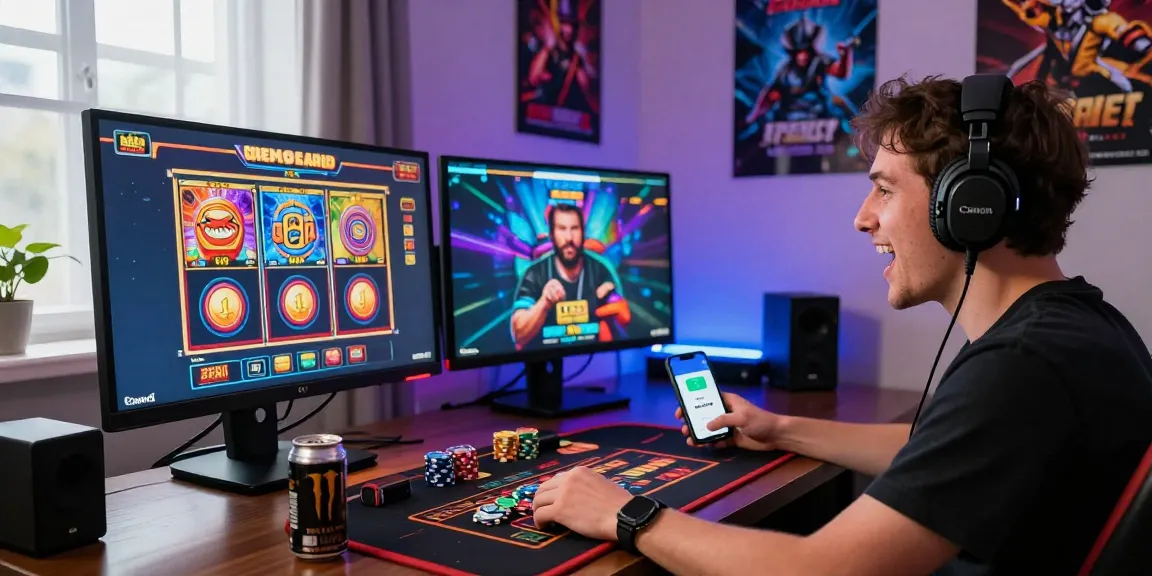 Engaging player at a credit card casino enjoying gaming at https://eviz.org.uk, showcasing vibrant graphics and modern gaming setup.
