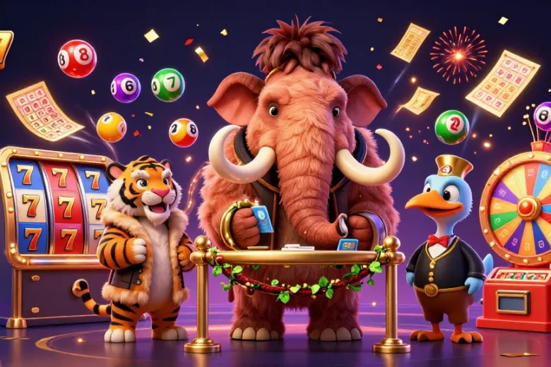 Join the excitement at At77 with a lively 3D casino scene featuring vibrant games and furry mascots.