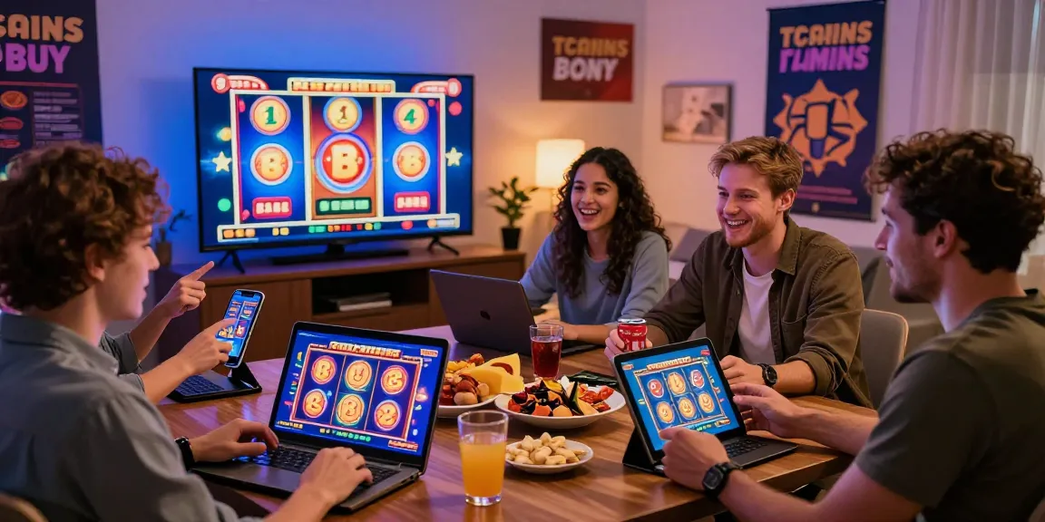 Engaging scene of players enjoying bonus buy slots uk in a modern home setting, showcasing excitement and camaraderie.