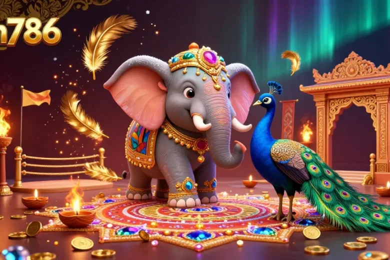 Win786 Casino features an enchanting elephant and peacock in a vibrant gambling illustration.