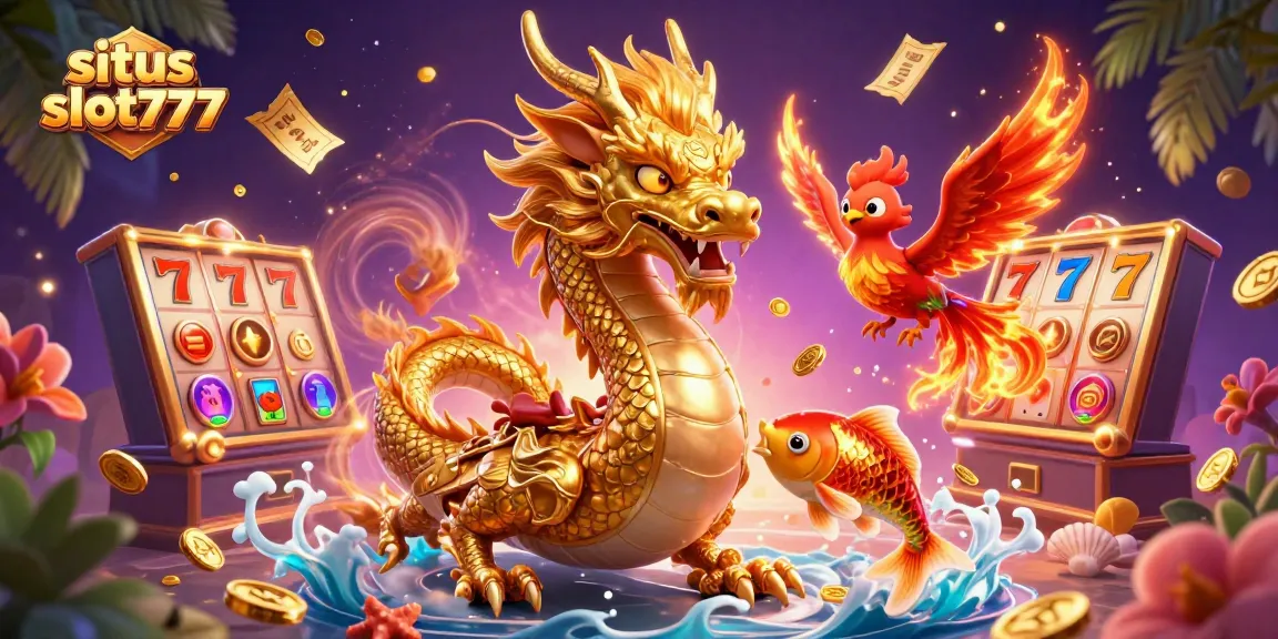 Permainan situs slot777 menampilkan naga emas dan ikan koi di tengah koin emas yang melimpah.