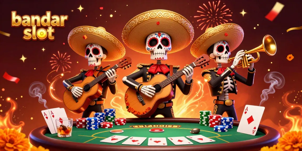 Permainan bandar slot menghadirkan suasana meriah di kasino dengan band mariachi dan meja poker.