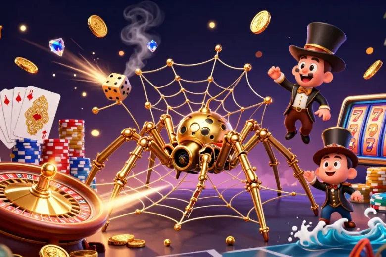 Capture the excitement of top paying online casino action with a steampunk spider and fly gentleman in a 3D scene.